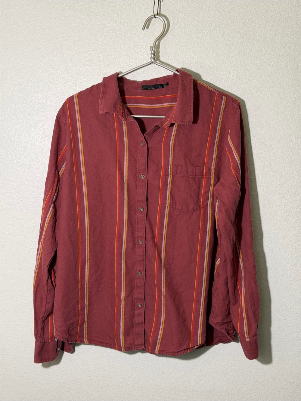 Prana Alfie Flannel Shirt Women’s Sz XL Glogg Red Striped Organic Cotton 1962591